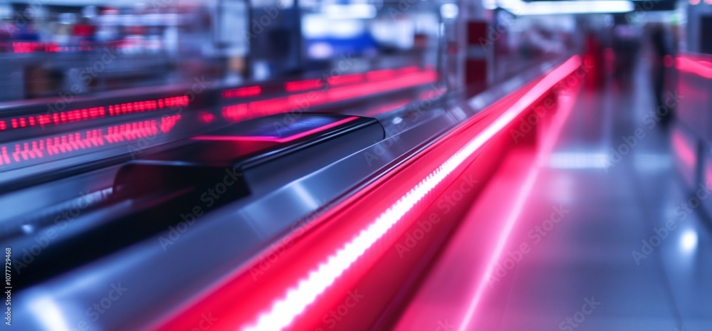 Close-up of a red LED light strip on a stainless steel surface in a commercial setting. Close-up of a red LED light strip on a stainless steel surface in a commercial setting.