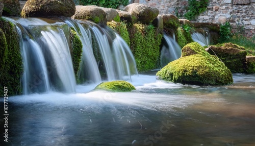 Crystal-clear river water flows over moss-covered rocks and stones
