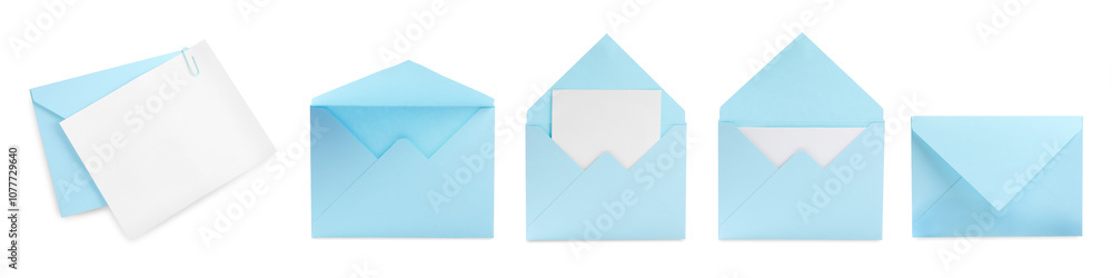Light blue envelopes and blank letter isolated on white, collage Light blue envelopes and blank letter isolated on white, collage