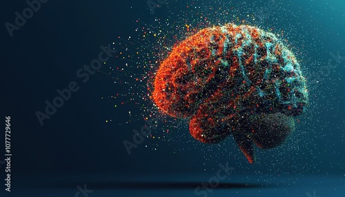 A vibrant abstract, futuristic depiction of a brain with glowing dots representing neural connections, symbolizing innovation and advanced technology in neuroscience and artificial intellig photo