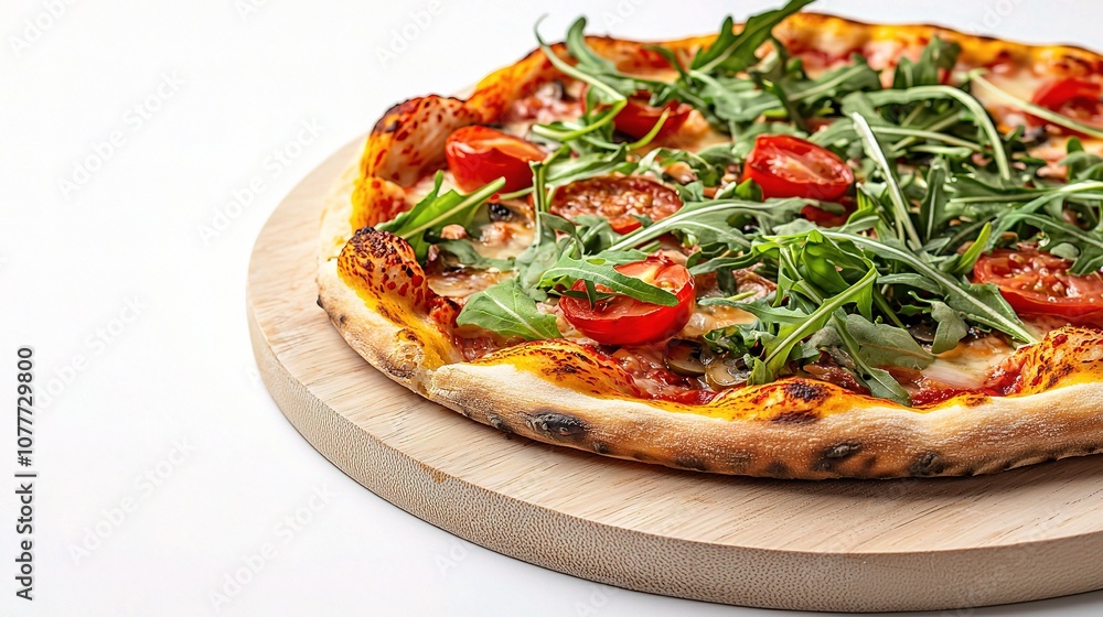 Freshly Baked Vegetarian Pizza with Arugula and Cherry Tomatoes on a Wooden Board Against a Clean White Background Freshly Baked Vegetarian Pizza with Arugula and Cherry Tomatoes on a Wooden Board Against a Clean White Background