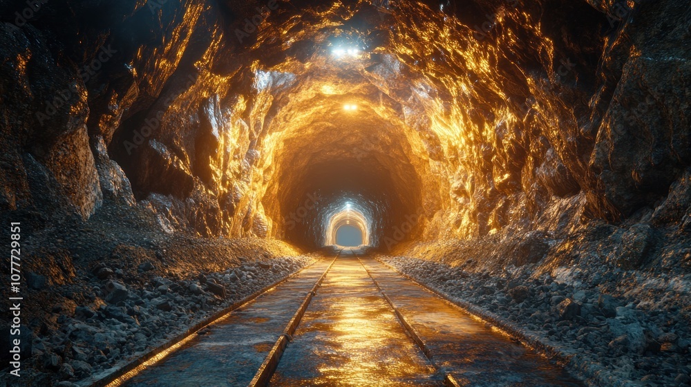 A glowing tunnel with reflective tracks and illuminated walls. A glowing tunnel with reflective tracks and illuminated walls.