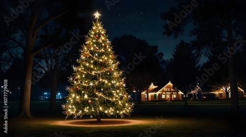 Big christmas tree standing in a park at night.generative.ai 
