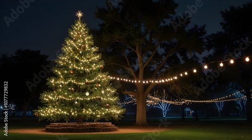 Big christmas tree standing in a park at night.generative.ai 