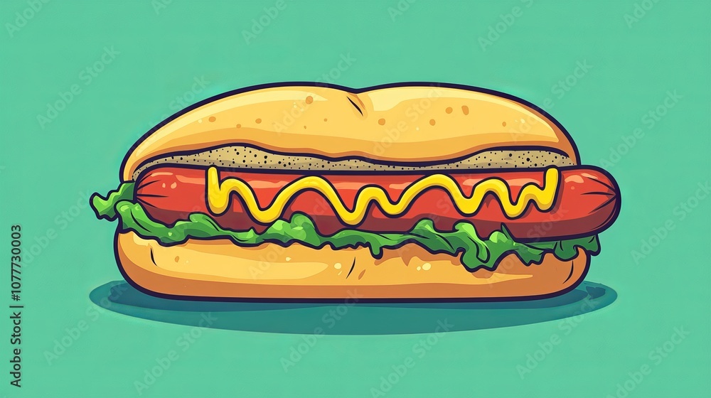 A traditional hot dog on a soft bun with a mustard zigzag. A traditional hot dog on a soft bun with a mustard zigzag.