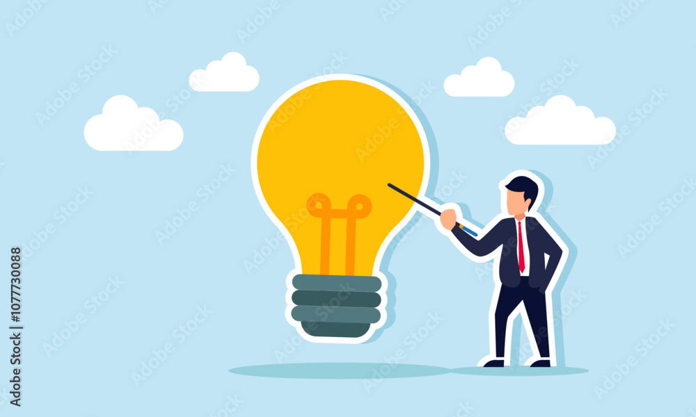 businessman holding a stick and pointing at a light, illustration of educating the importance of innovation in business for growth and development
