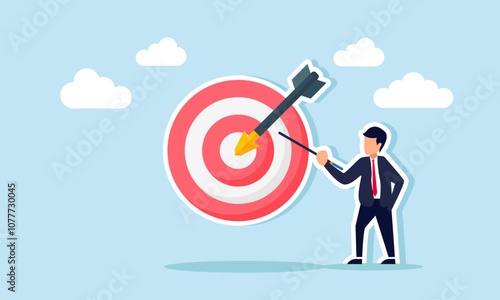 businessman holding a stick and pointing at a target board, illustration of educating the importance of achieving business targets for better business performance
