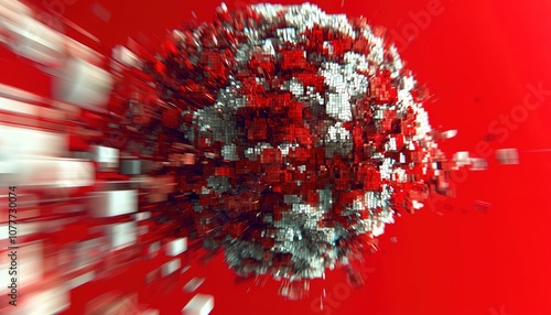 Abstract 3D rendering of a virus particle with red and white colors. Close-up, highlighting texture, used for scientific and medical research purposes. photo