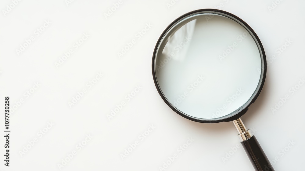 A magnifying glass lies on a white background with the handle to the right. A magnifying glass lies on a white background with the handle to the right.