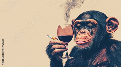 An imaginative vintage collage featuring a quirky chimpanzee sipping wine and puffing on smokes on a bland backdrop. photo