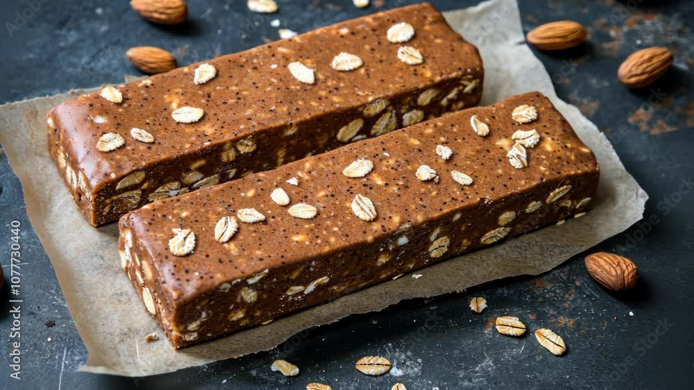Two homemade chocolate oat bars with almonds, resting on parchment paper Two homemade chocolate oat bars with almonds, resting on parchment paper