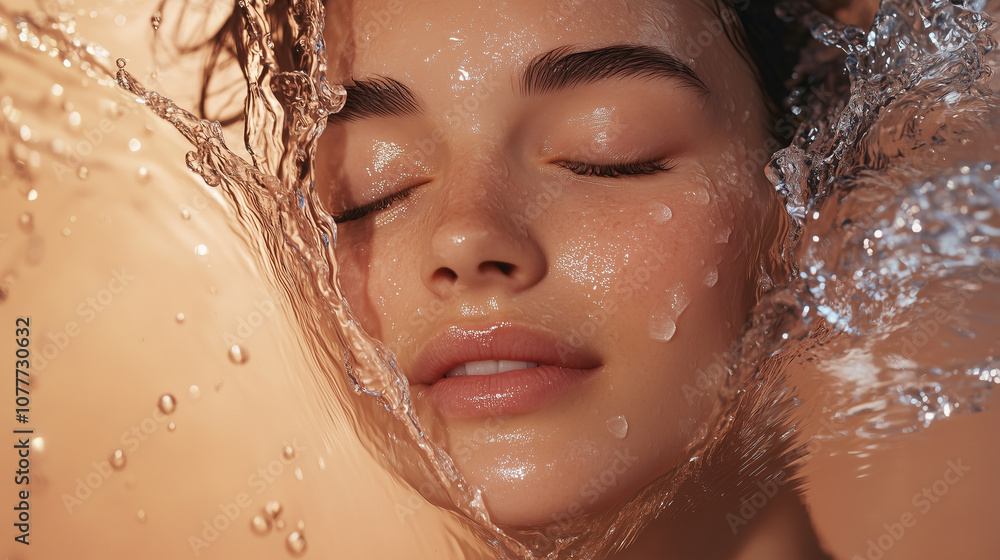 Woman Refreshing Face with Water Splash in Skincare Routine Woman Refreshing Face with Water Splash in Skincare Routine