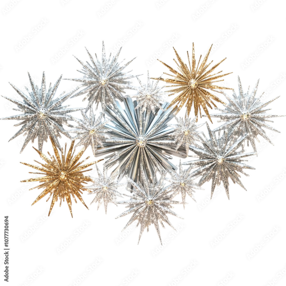Fototapeta premium A decorative arrangement of gold and silver star-shaped ornaments, creating a festive and vibrant aesthetic.