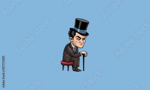 Stern man in top hat sitting with cane, looking displeased.