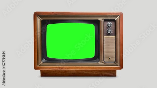 Old-fashioned vintage tv with green screen on white floor. 4K UHD