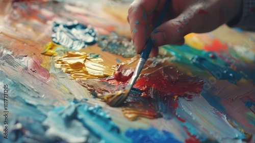 A closeup shot of a painters hand carefully mixing paint on a palette the mocktail drink sitting just out of frame.