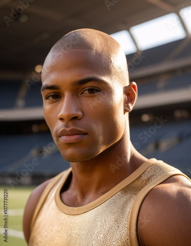 A man in a gold tank top stands in a stadium, gazing directly at the camera with a serious expression.