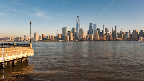 New York skyline of World Trade Center. One World Trade Center. New York City panorama with Manhattan Skyline over Hudson River. WTC.