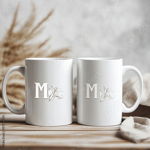 Simple 15oz blank white mug print mock-up for Etsy store stylelife white cinery background Couples Mug MockUps His,generative ai photo