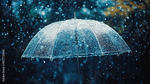 A transparent umbrella with raindrops falling on it, with a blurred background of raindrops and greenery.