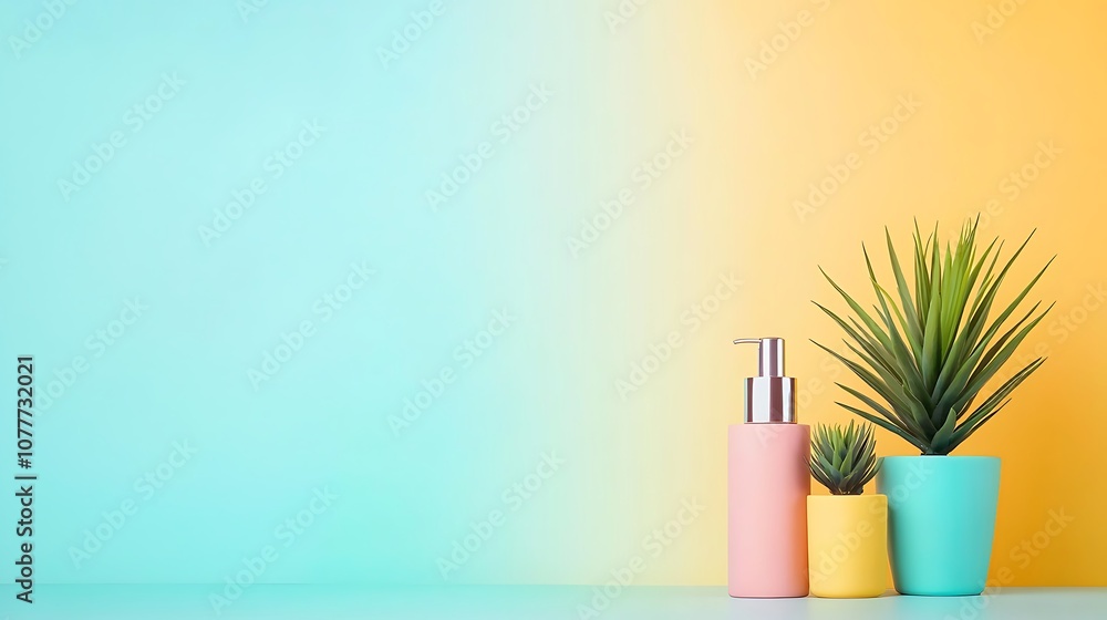 A colorful background with a green plant and three pink and yellow containers A colorful background with a green plant and three pink and yellow containers