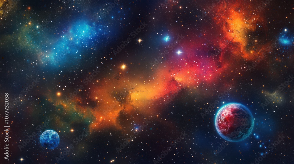 A vibrant nebula with two planets in a cosmic landscape of swirling gas and dust. A vibrant nebula with two planets in a cosmic landscape of swirling gas and dust.