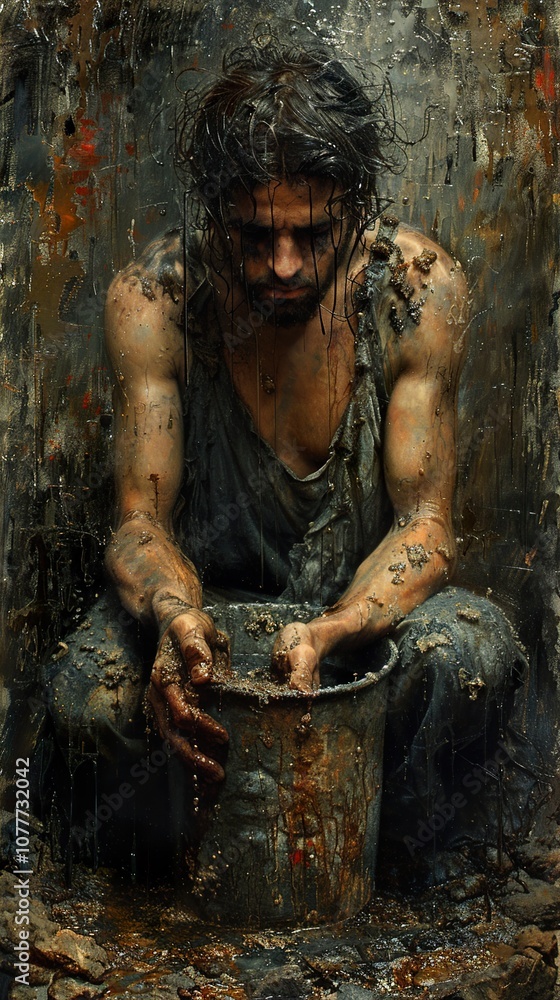 A Man Covered in Mud Contemplates His Fate in a Dark and Gloomy Setting
