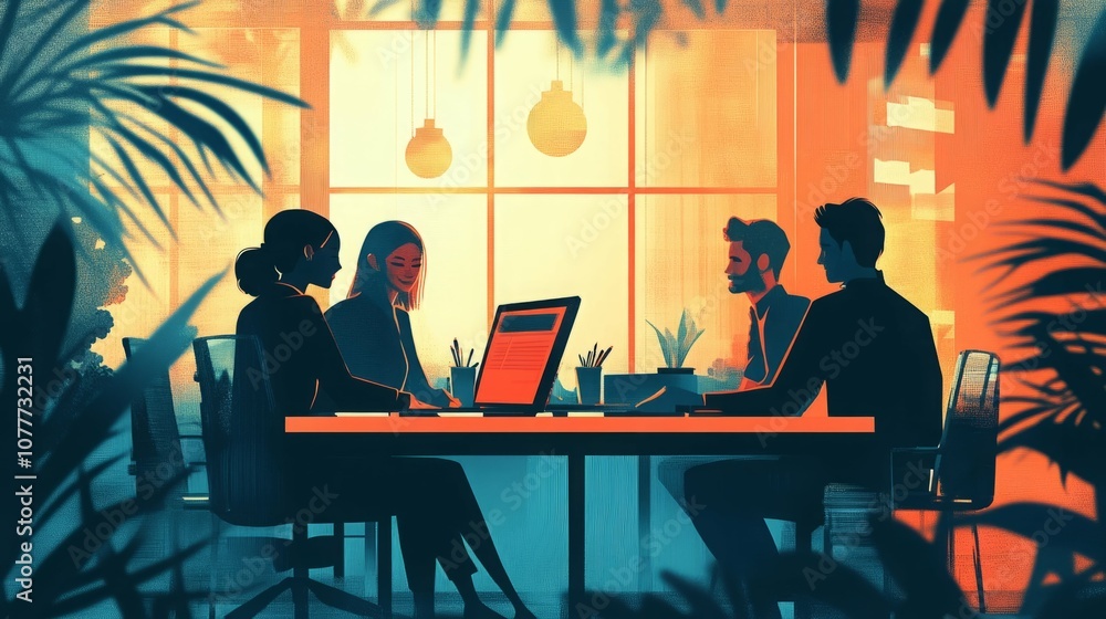 Silhouettes of four colleagues working together in an office. Silhouettes of four colleagues working together in an office.