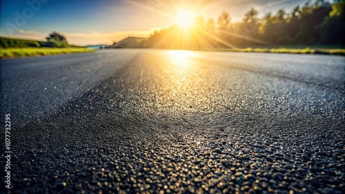 A Close-Up View of a Smooth Asphalt Road Surface Glistening Under the Warm Glow of a Setting Sun