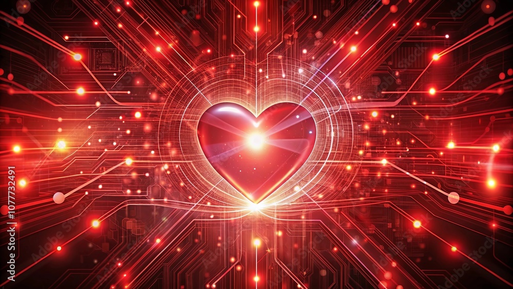 A radiant heart glows in the center of an intricate red network, a visual representation of the connectedness of love in a digital age. A radiant heart glows in the center of an intricate red network, a visual representation of the connectedness of love in a digital age.