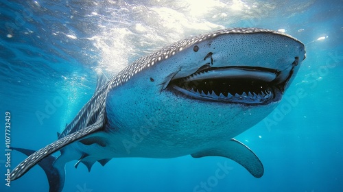 Scuba diving with a school bus-sized whale shark in the Galapagos Islands. photo