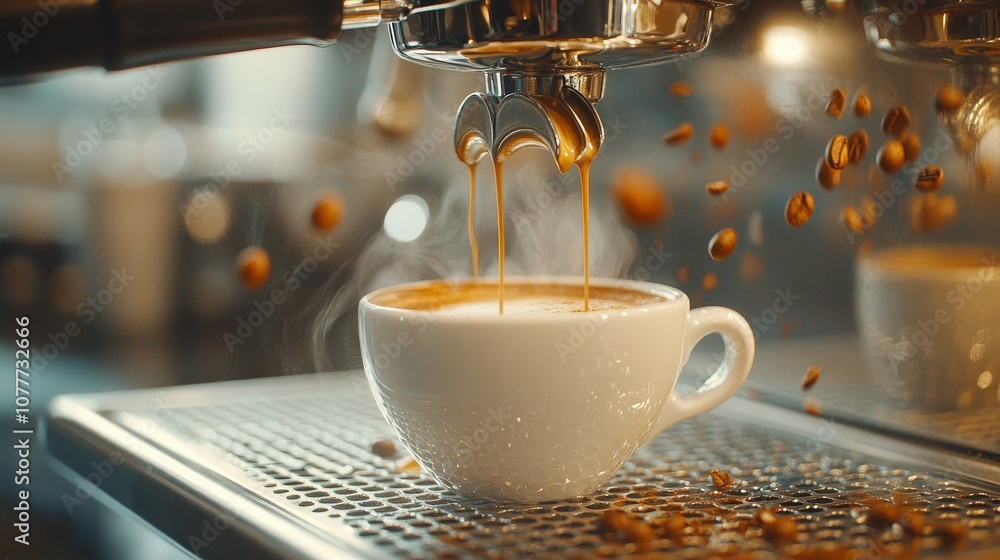 Close-up of Espresso Being Poured from Espresso Machine into White Cup, High-Resolution, Detailed Shot of Coffee Process with Rich, Dark Liquid Flowing