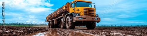 Heavy-duty truck transporting logs through muddy terrain under a bright blue sky during daylight hours