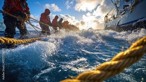 Sea expedition: fishing vessel gliding across waves, symbolizing resilience, allure of aquatic life, timeless tradition of fishing that connects communities with their rich maritime heritage.
