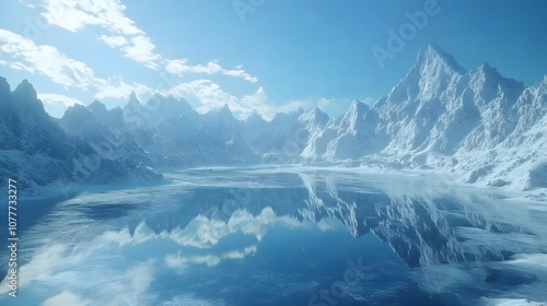 Wallpaper Mural Snowy Mountains Reflecting in a Frozen Lake - 3D Illustration Torontodigital.ca