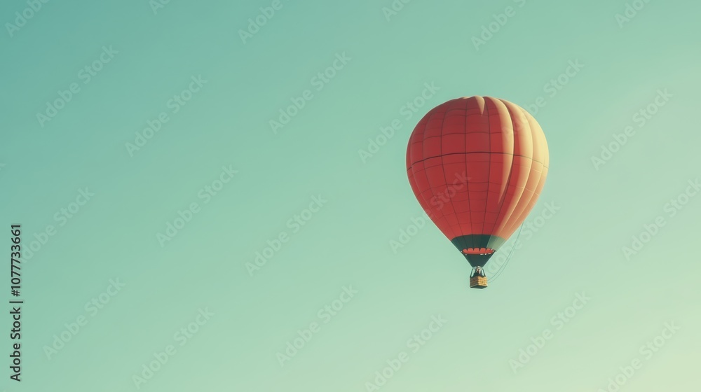 Obraz premium A single red hot air balloon floats against a blue sky, with copy space.