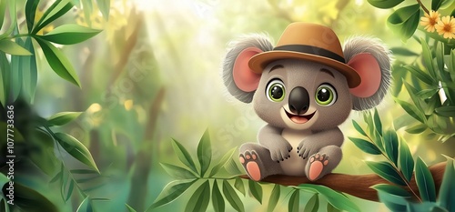 A cute cartoon koala wearing a hat sits on a branch in a lush green forest. photo