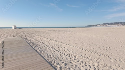 Figueira da Foz Beach, Portugal, with a clear blue sky and fine sand.