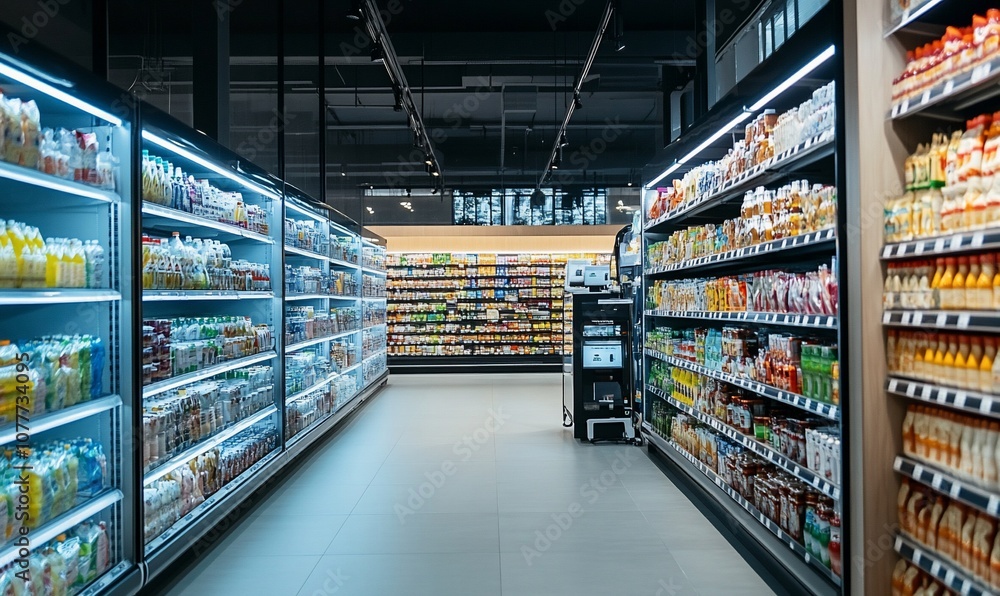 Empty aisle in a modern supermarket with shelves stocked with various products. Empty aisle in a modern supermarket with shelves stocked with various products.