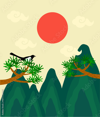 Natural elements such as the big red sun, pine trees, magpies, and mountain valleys are expressed in Korean traditional images photo