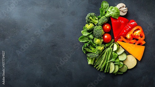 A colorful vegetable pizza with broccoli, tomatoes, peppers, and cucumbers