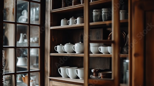 Open the wooden kitchen cabinet door to see brown clay mugs and white porcelain cups on the shelves. In the room are ceramic kitchenware.