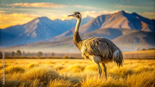 A solitary bird stands tall in a field of golden grass with a mountain range as a backdrop, the setting sun casting a warm glow across the scene.