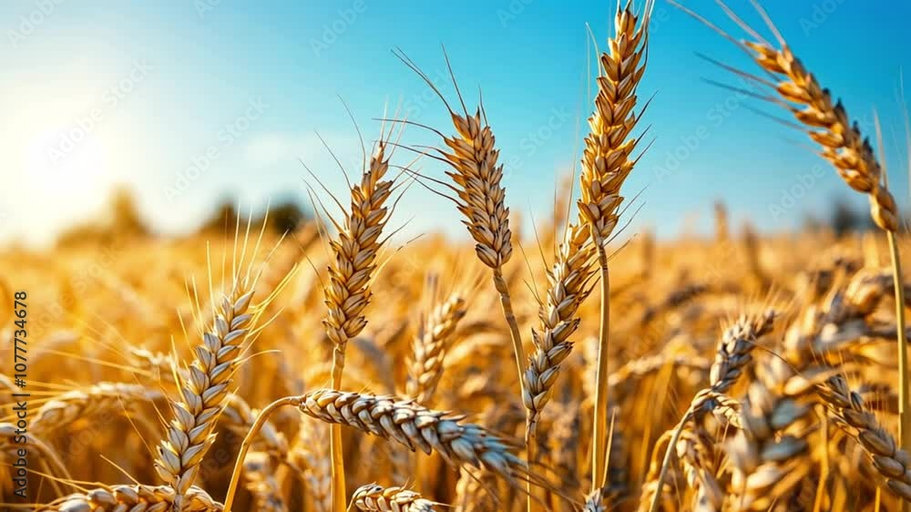 Ears of wheat swaying at the wind at beautiful sunny morning. Harvest and Crop concept. Peaceful Cinematic Field, Lens Flare Ears of wheat swaying at the wind at beautiful sunny morning. Harvest and Crop concept. Peaceful Cinematic Field, Lens Flare
