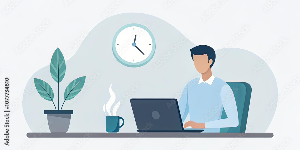 A Person Working at a Desk with a Plant, a Clock, and a Cup of Coffee A Person Working at a Desk with a Plant, a Clock, and a Cup of Coffee