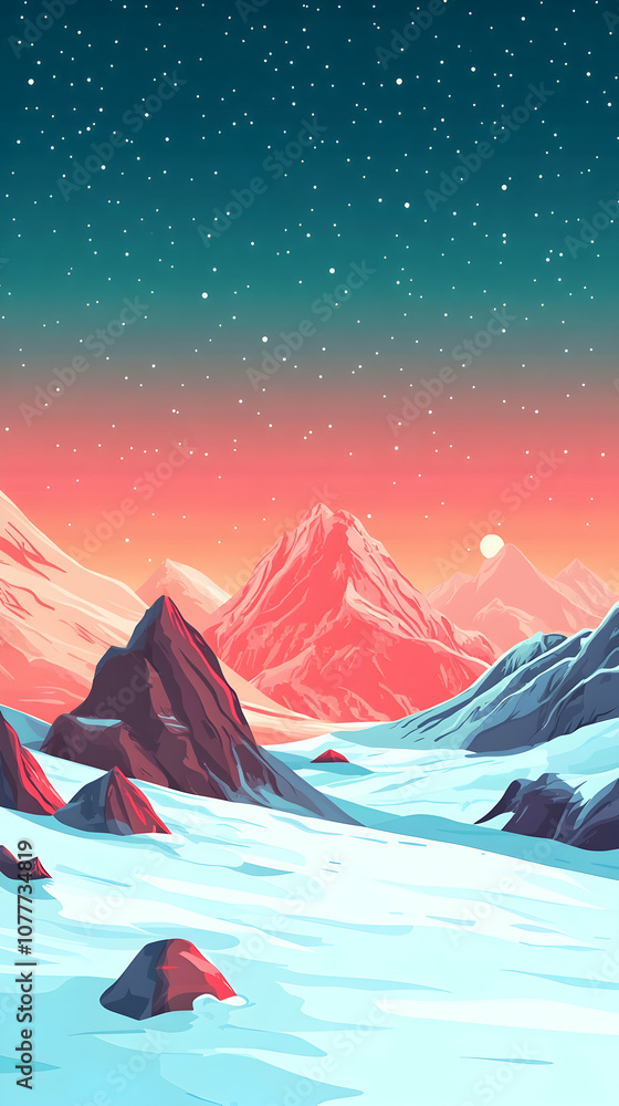 A snowy mountain range with a pink and blue sky at sunset. A snowy mountain range with a pink and blue sky at sunset.