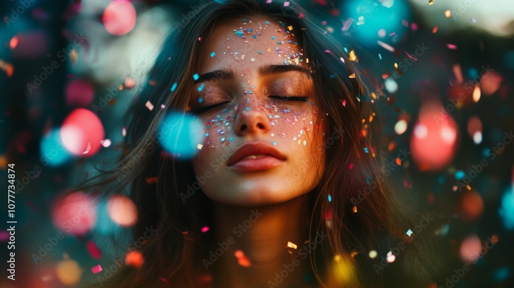 A beautiful young woman enveloped in optical confetti A beautiful young woman enveloped in optical confetti