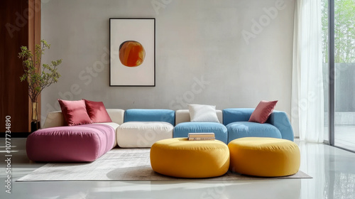 Colorful multicolored sofa concrete wall. Minimalist interior design of modern living room