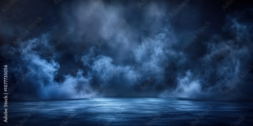 dark blue room background with smoke and floor, Dark empty scene, blue neon searchlight light, smoke, night view, rays. dark blue room background with smoke and floor, Dark empty scene, blue neon searchlight light, smoke, night view, rays.