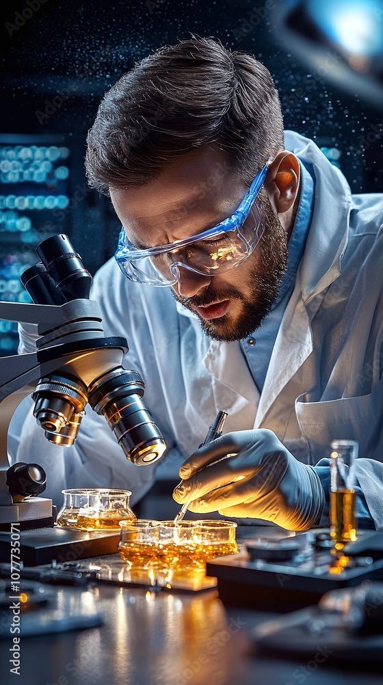 Scientist in lab using microscope and chemicals. Scientist in lab using microscope and chemicals.